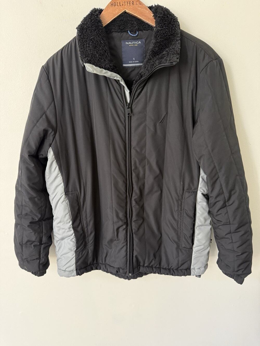 Nautica Quilted Bomber Jacket Mens Size Small Black Gray Utility Casual Winter